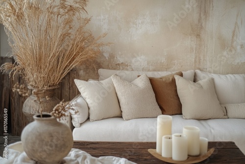 Cozy living room featuring a plush sofa with patterned cushions and soft textured decor. Natural elements like burlap sack add rustic charm. photo