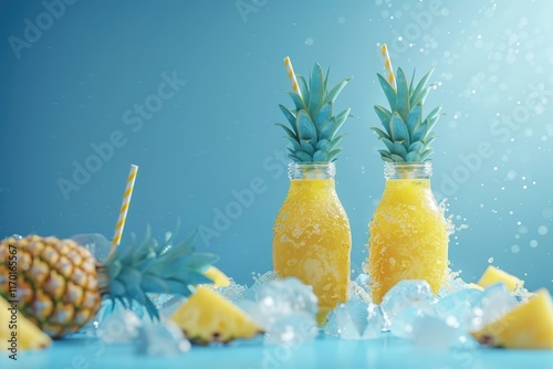 Pineapple cocktail and juice in glass bottles with ice and mini pineapples on blue background photo