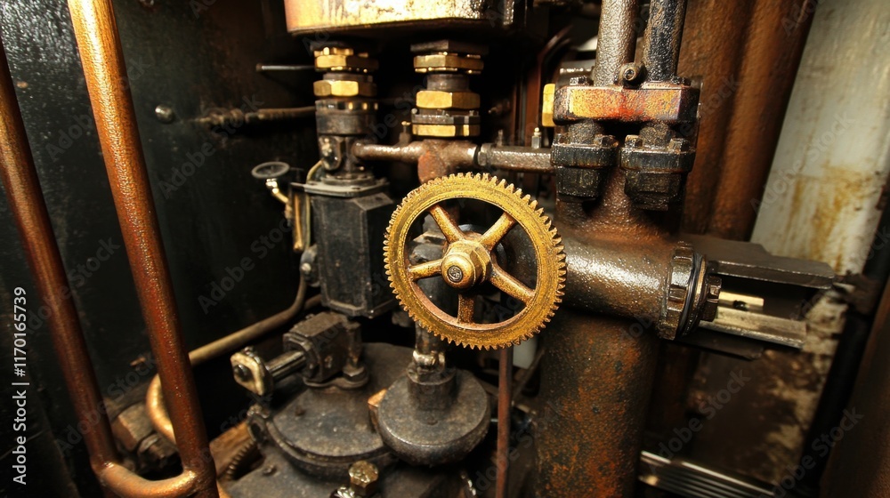 A close-up of gears and cogs inside a piece of industrial machinery, showing precise engineering A close-up of gears and cogs inside a piece of industrial machinery, showing precise engineering