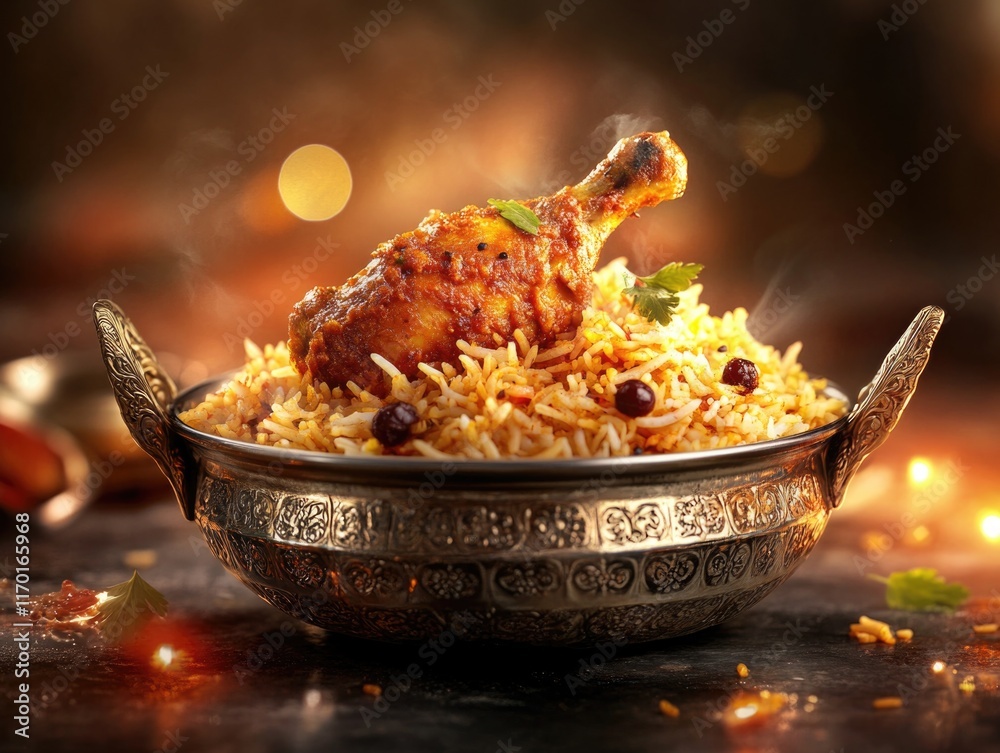 A golden-spooned bowl of traditional Indian biryani with succulent roasted chicken, aromatic seasoning, and garnished with basmati rice topped with nuts. A golden-spooned bowl of traditional Indian biryani with succulent roasted chicken, aromatic seasoning, and garnished with basmati rice topped with nuts.
