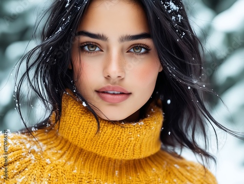 A woman in a yellow sweater is standing in the snow photo