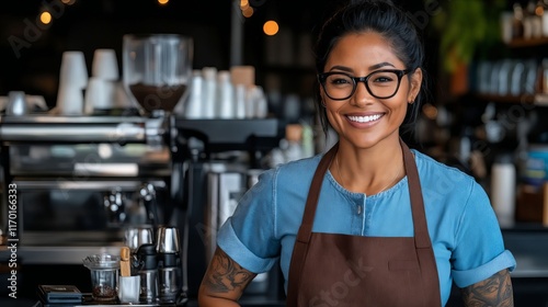 A woman wearing glasses standing behind a barista in a coffee shop photo