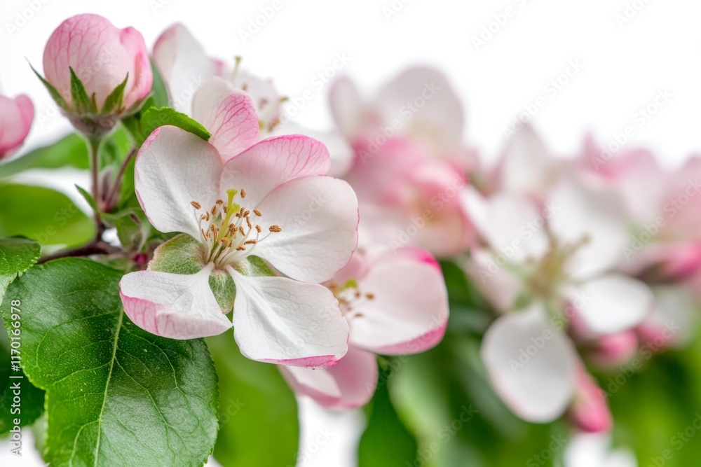 Delicate pink and white apple blossoms on a branch with green leaves against a white background. (1)