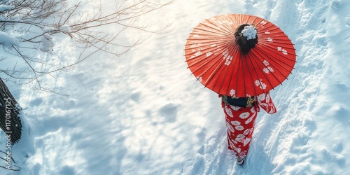 Woman wearing a red kimono is walking in the snow with an umbrella. The umbrella is red and has a design on it. The scene is peaceful and serene, with the snow covering the ground