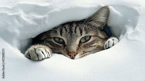 Tabby cat peeking from snow hole. photo