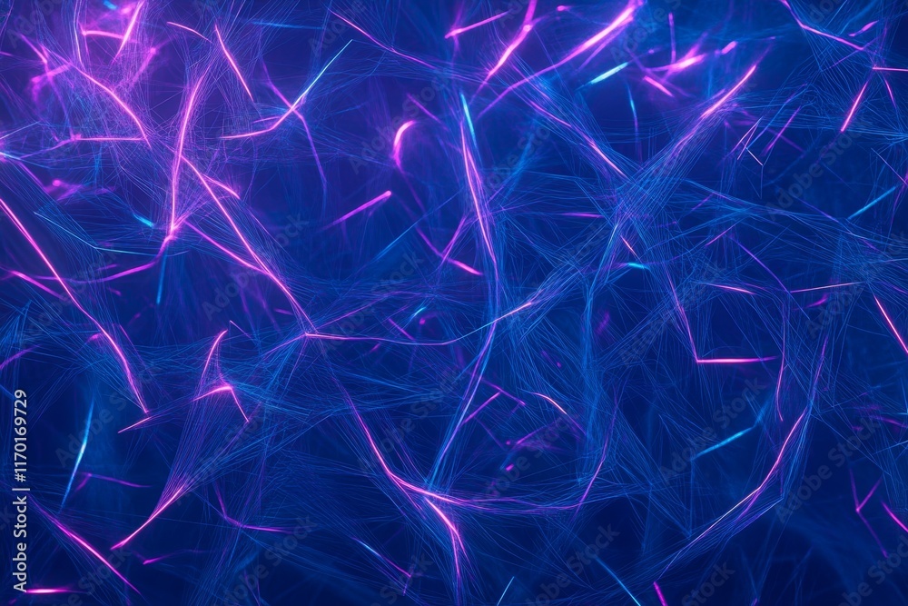 Abstract purple and blue glowing lines on dark background.