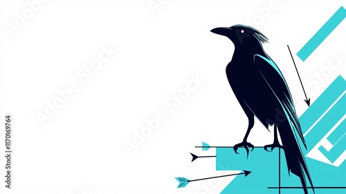 Stylized Raven With Arrows and Geometric Shapes in Blue and Black photo