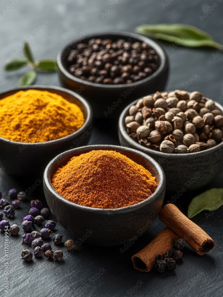 Variety of spices in small bowls on a black surface. Variety of spices in small bowls on a black surface.