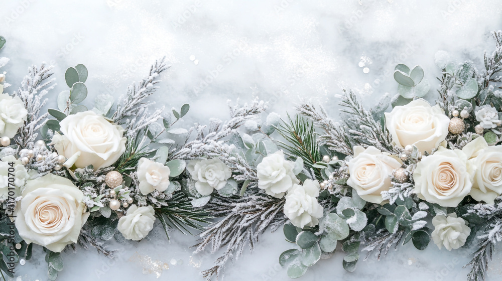 Floral Arrangement on snowy ice Background, Elegant White floral Arrangement with Winter Roses and Pinecones and leaves, cozy textiles border design on frosty backdrop. Floral Arrangement on snowy ice Background, Elegant White floral Arrangement with Winter Roses and Pinecones and leaves, cozy textiles border design on frosty backdrop.