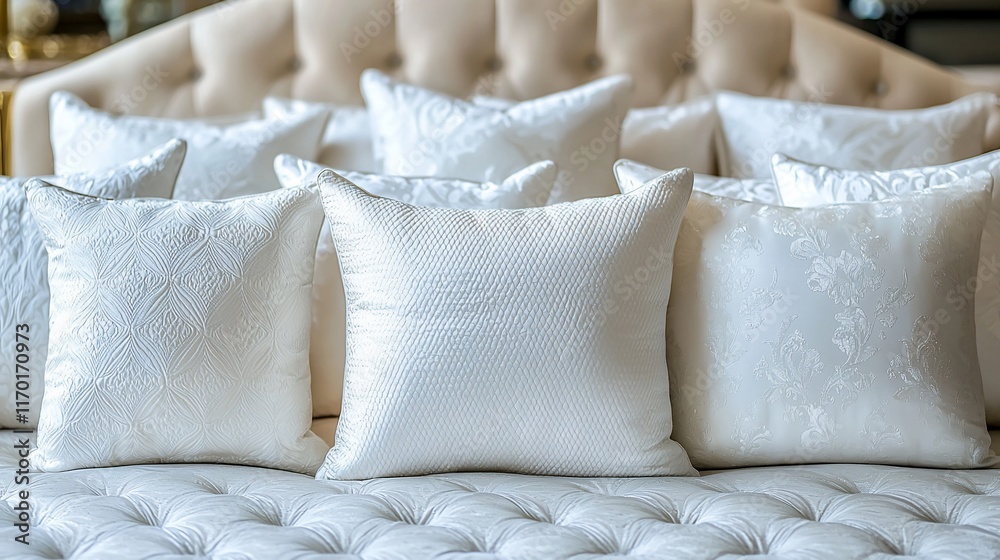 Luxurious white pillows on a bed.