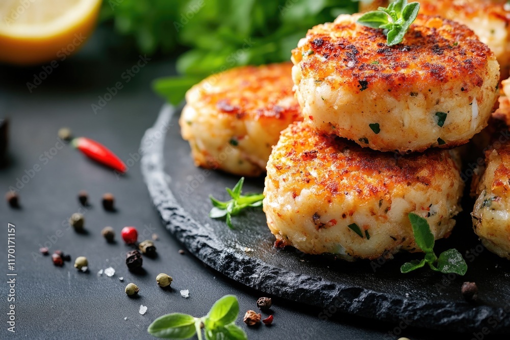 Delicious golden brown crab cakes on a black slate board with fresh herbs, ready to eat. Delicious golden brown crab cakes on a black slate board with fresh herbs, ready to eat.