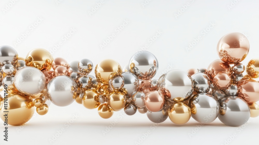 Elegant Metallic Balloon Cluster in Gold, Silver, and Rose Gold Floating in Minimal 3D Design on White Background Elegant Metallic Balloon Cluster in Gold, Silver, and Rose Gold Floating in Minimal 3D Design on White Background