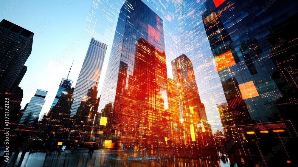 Obraz premium Infusing Innovation: Digital Skyscrapers of Technological Data Streams Symbolizing Business Growth