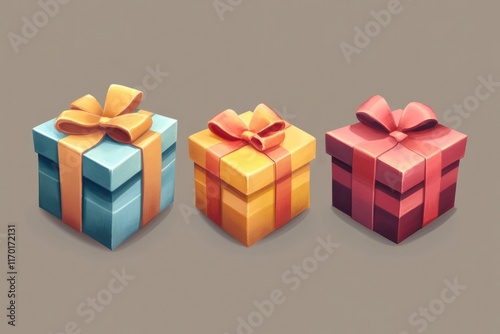 Three boxes with bows on them, one blue, one yellow, and one red. The boxes are all different colors and sizes, but they all have the same design