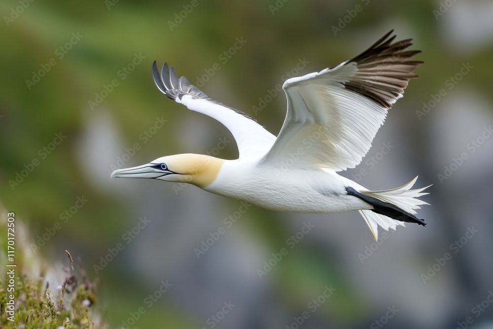 Obraz premium Flying seabird captured mid-motion, dynamic angles showcasing its elegance and power
