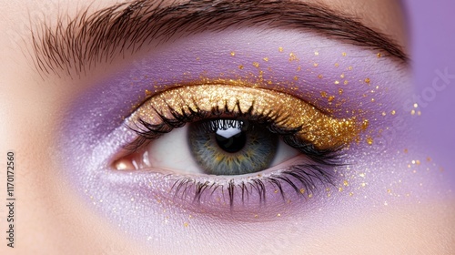 A stunning close-up of a hazel eye with golden flecks on a pastel purple background photo