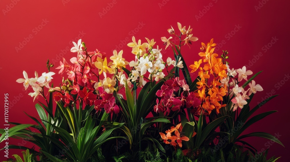 A vibrant arrangement of Epidendrum orchids in various colors on a bold red background A vibrant arrangement of Epidendrum orchids in various colors on a bold red background