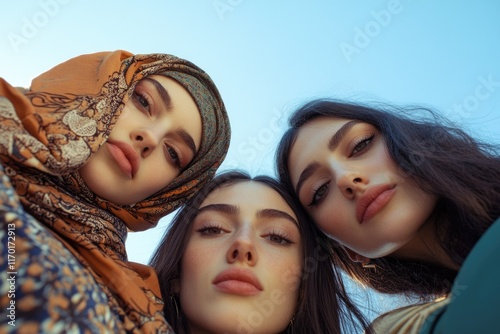 Three young women, identifiable by hijabs and modest clothing, gathering together with smiles and confident gazes. photo