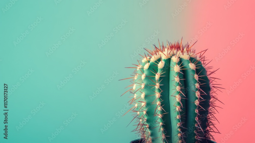 Naklejka premium Green cactus with a pink background. The cactus is the main focus of the image