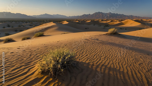 A breathtaking landscape of a vast desert under a clear, deep blue sky photo