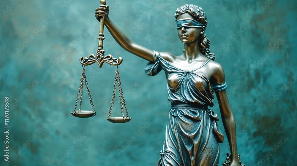Justice and balance in business - blindfolded statue of a woman holding scales, symbolizing fairness and integrity in decision-making on green background. Empty space for copy. Justice and balance in business - blindfolded statue of a woman holding scales, symbolizing fairness and integrity in decision-making on green background. Empty space for copy.