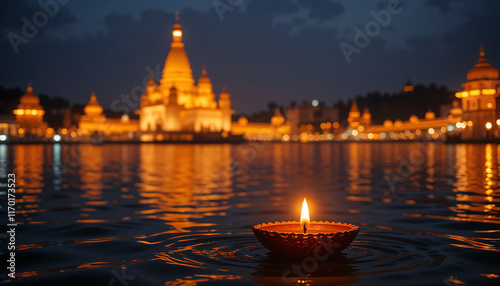 Illuminated Temple Reflection Nighttime Serenity Floating Candle, Ai generated images photo