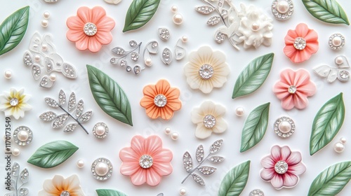 Isolated stickers flowers leaves pearls and rhinestones greeting card