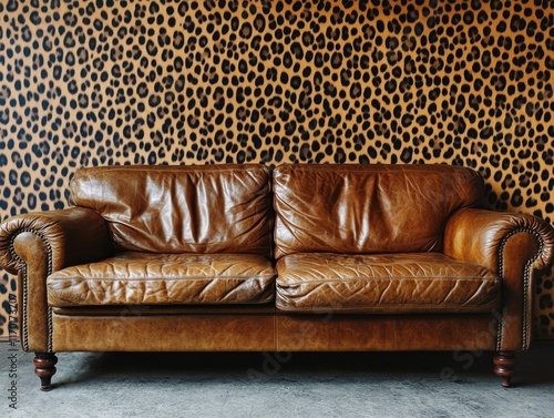 Brown leather couch with a leopard print wall behind it. The couch is empty and the wall is decorated with a leopard print wallpaper