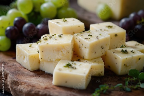 Stack of cheese cubes on a wooden cutting board. The cheese cubes are covered in herbs and spices