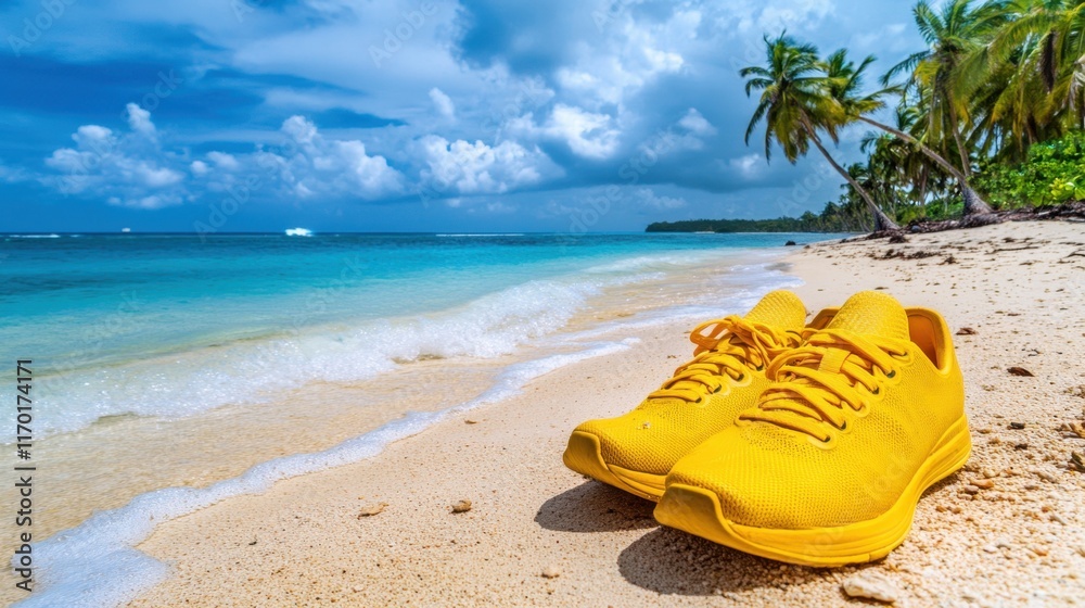 Bright yellow running shoes resting on a tropical beach with palm trees in the distance Bright yellow running shoes resting on a tropical beach with palm trees in the distance
