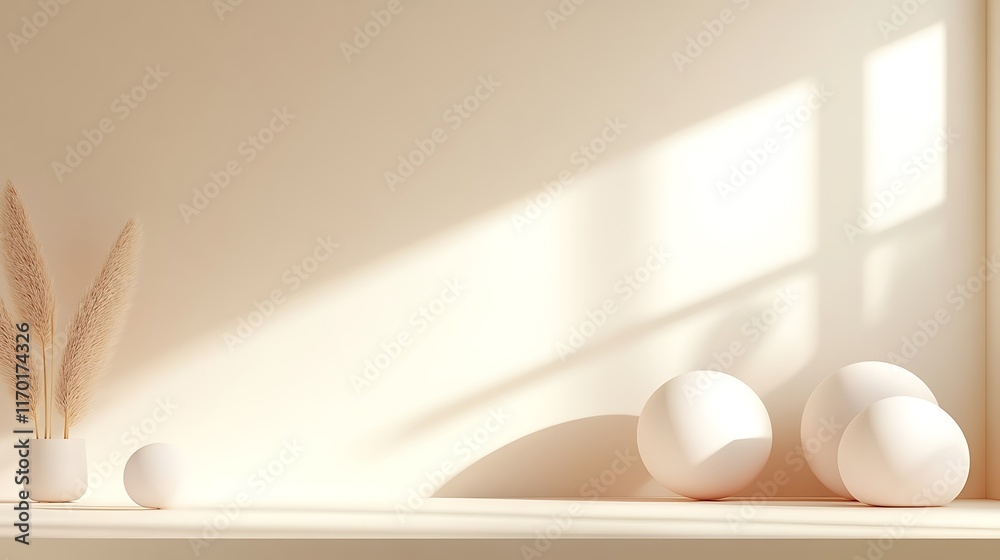 Fototapeta premium Minimalist Beige Room Decor With Pampas Grass And Spheres