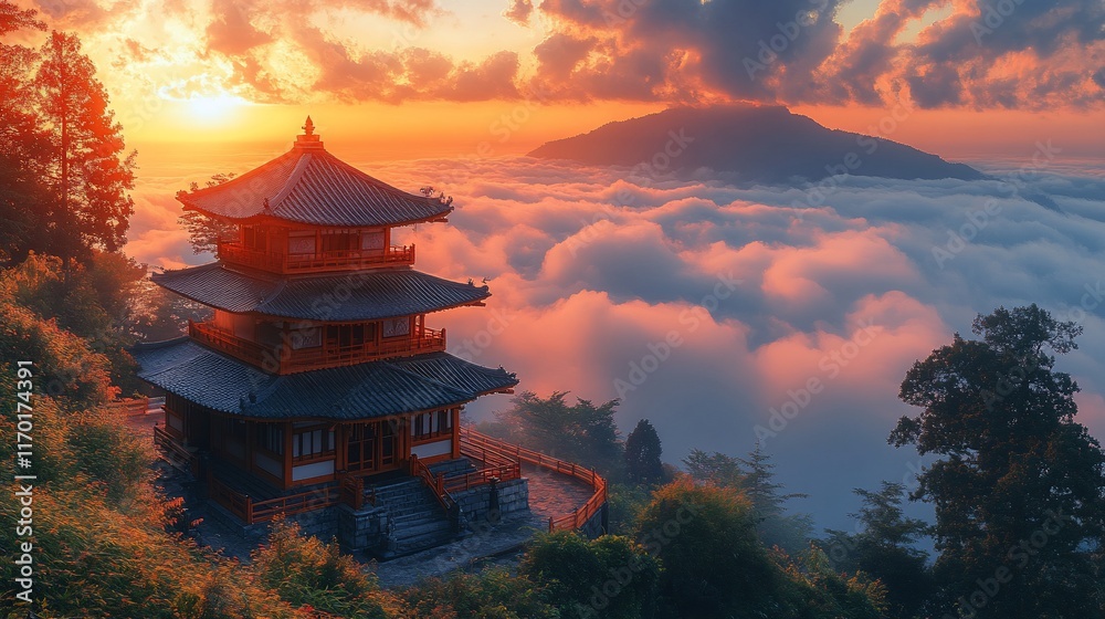 Obraz premium Majestic Pagoda Sunset Above a Sea of Clouds
