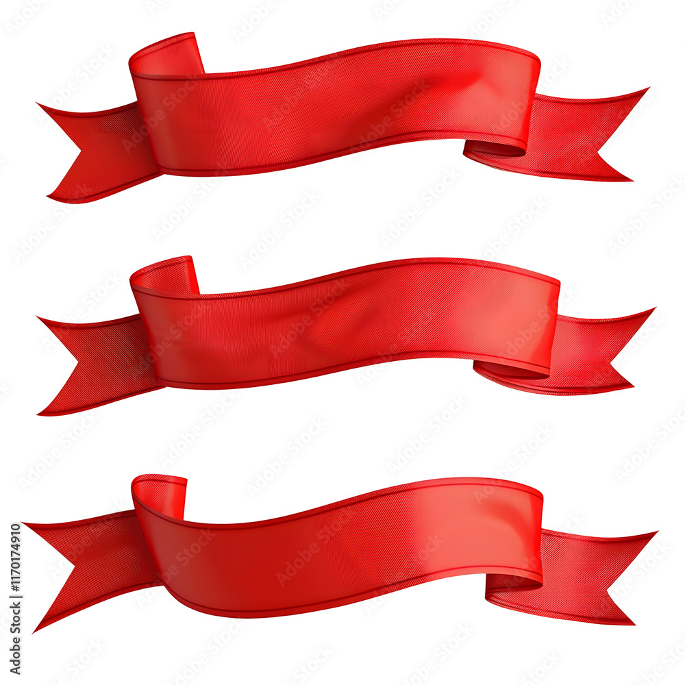 Red Flowing Silk Banners on Clean White Background