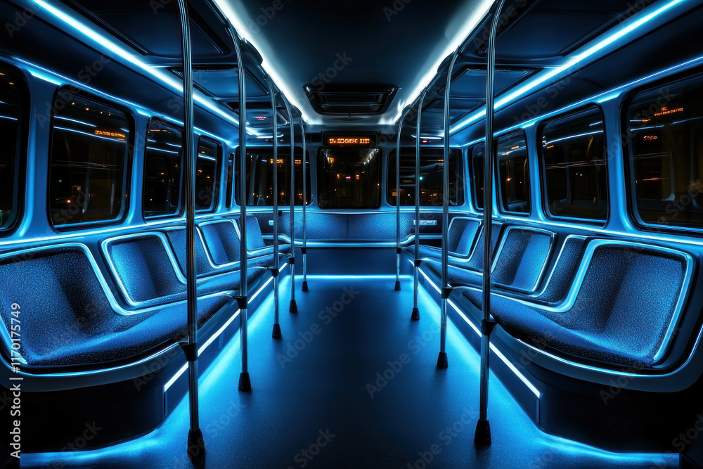 Obraz premium Empty bus interior at night with blue lighting.