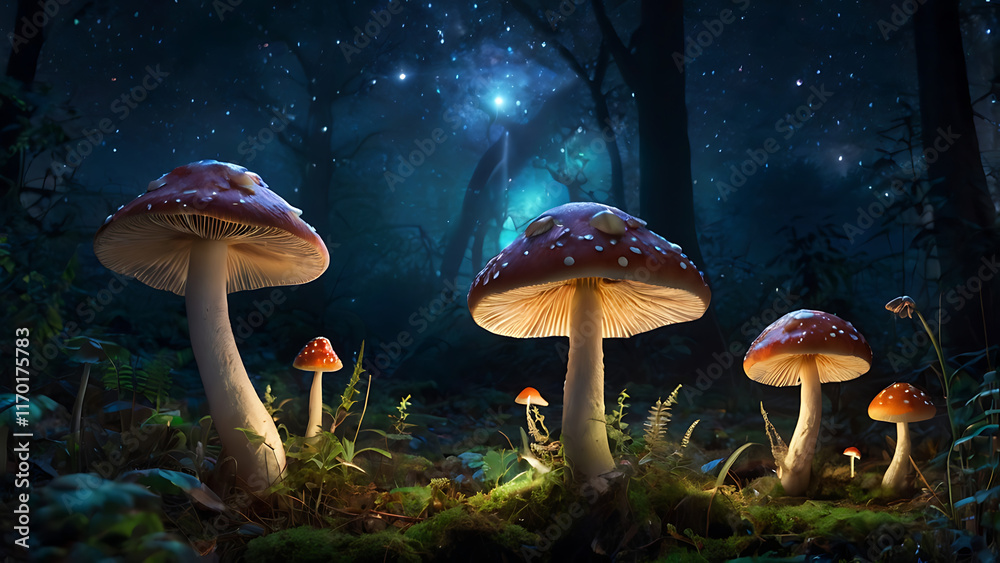 Fototapeta premium glittering mushrooms in the forest at night with moon and stars in the background
