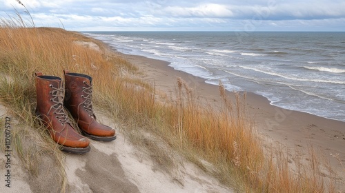 Rugged boots resting on the edge of a dune with distant waves crashing photo