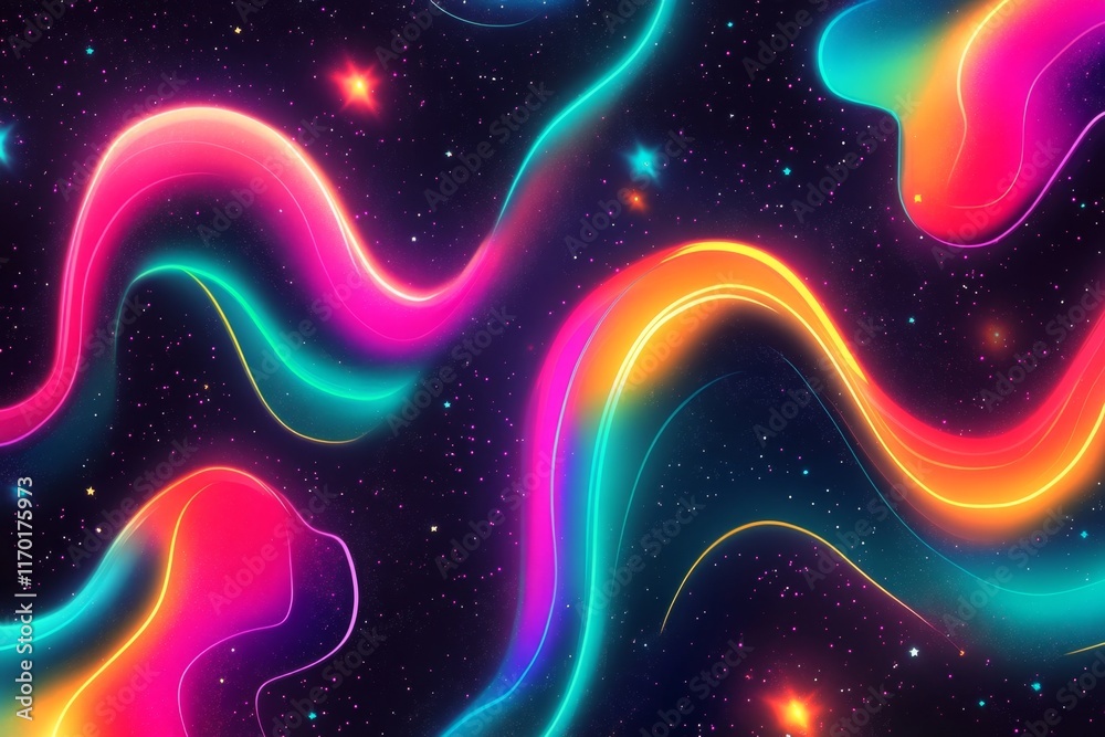 Obraz premium Vibrant neon waves flow through a starry cosmic backdrop.