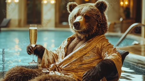 Bear in Luxurious Robe Enjoying Drink by Poolside in Spa Setting photo