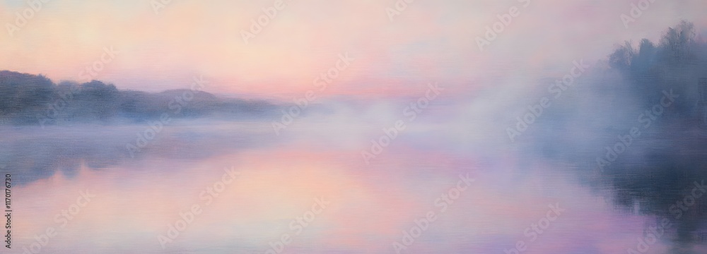 Fototapeta premium A peaceful lake at sunrise, with soft mist rising from the water and the sky painted in pastel hues of pink and purple