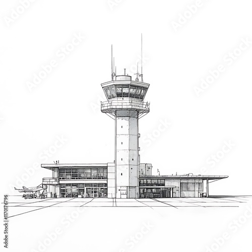 Pen and Ink Sketch of an Airport Control Tower and Terminal Building.