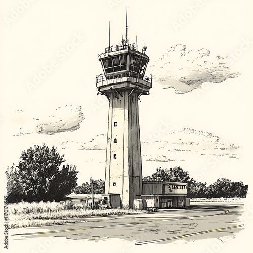 Hand-drawn illustration of an airport control tower and surrounding landscape.