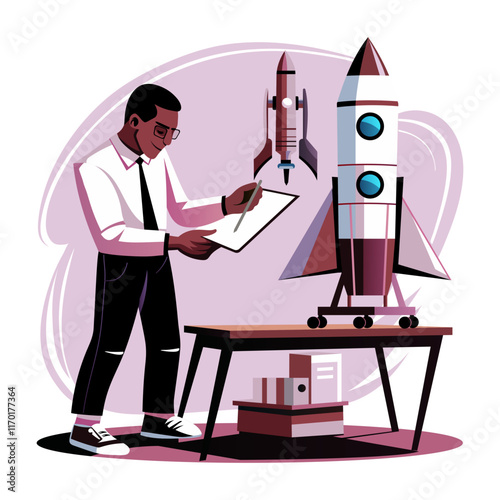 Aerospace engineer research on a rocket, flat style illustration 
