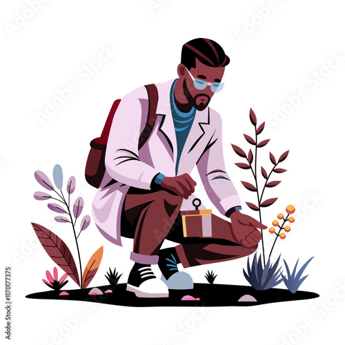 A flat illustration of a botanist checking plants 

