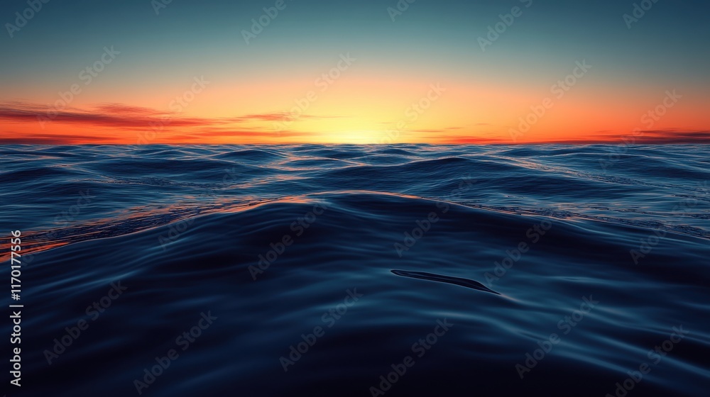 Obraz premium Serene Sunset Over Calm Ocean Waves with Vibrant Colors Reflecting on Smooth Water Surface, Creating a Peaceful and Soothing Seascape View at Dusk