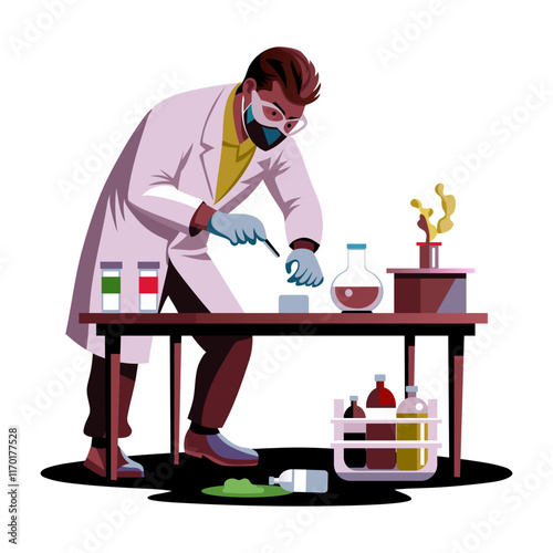 A flat illustration of forensic chemist making drugs in laboratory 

