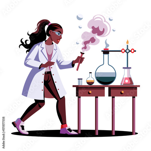 A flat illustration of female researcher doing chemical expert in a lab 

