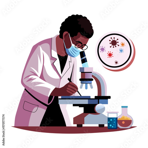 Lab technician researching with a microscope, flat style illustration 
