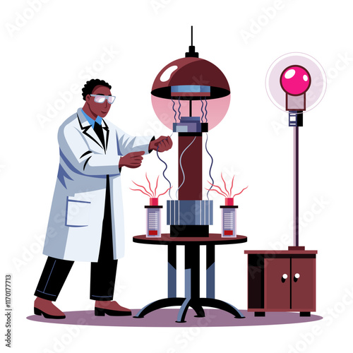 A flat illustration of a plasma scientist working in a lab 
