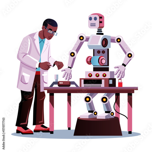 A flat illustration of character doing study about robotics 
