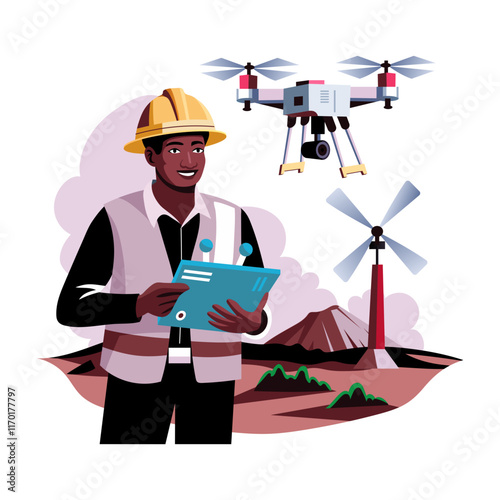 A flat illustration of a surveyor flying a drone 

